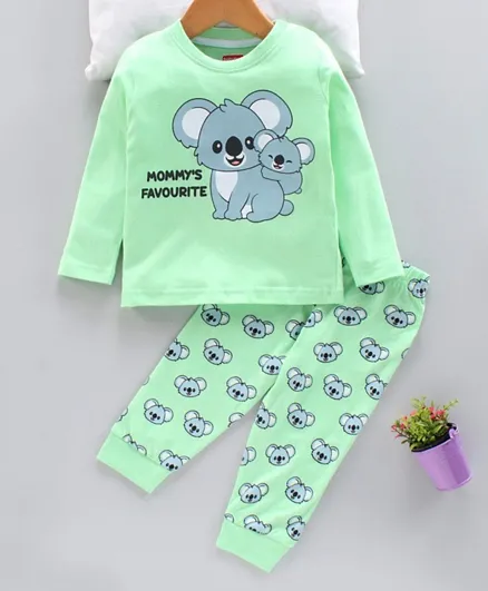 Babyhug Full Sleeves Night Suit Bear Print - Green