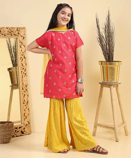 Earthy Touch Half Sleeves Embroided Kurta Sharara with Dupatta Set N Lining - Red Yellow