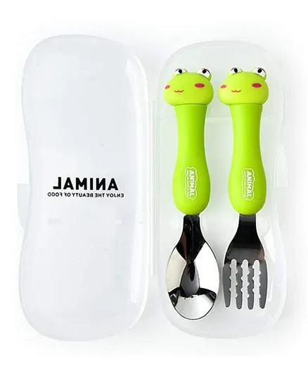 Brain Giggles Kids Stainless Steel 2 pcs Animal Tableware Spoon and Fork with Travel Case - Green