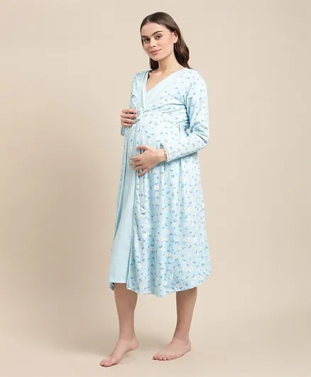 Bella Mama Full Sleeves Labour Gown Solid Color - Blue