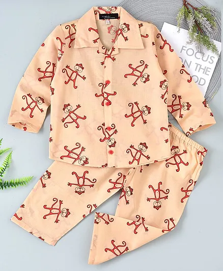 Ayra Full Sleeves Cute Monkey Design Night Suit - Orange