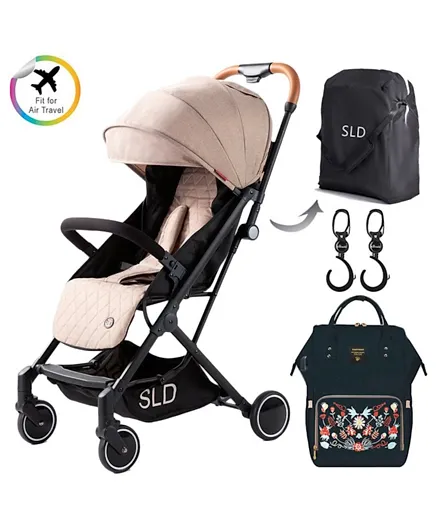 Teknum Travel Lite Stroller  Khaki Plus Sunveno Diaper bag with USB   Embroidery and Stroller Hooks - Black