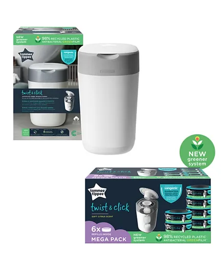 Tommee Tippee Twist & Click Nappy Disposal Sangenic Bin (With 1 Preloaded Cassette) + 6 Extra Cassettes - White