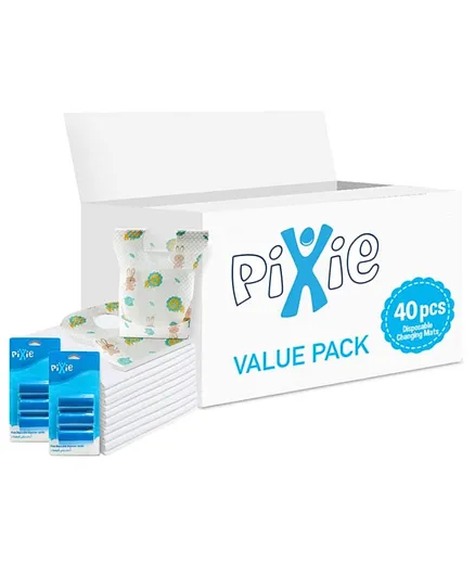 Pixie Combo of Changing Mat  Bib   Blue Dispenser Refill Rolls Nappy Bags - Value Pack of 3