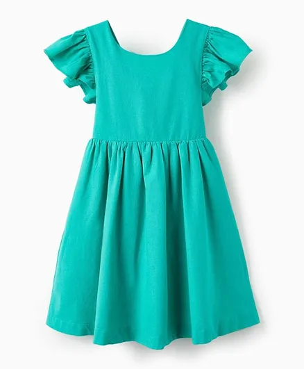 Zippy Solid Flutter Sleeves Cotton Dress - Green