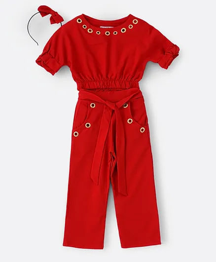 Hashqlo Crop Top with Pants & Headband/Co-ord Set - Red