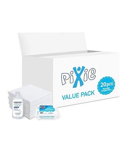 Pixie Disposable Changing Mats 20 + Water Wipes 36 Pieces + Vibrant Sanitizers 100ml - Value Pack