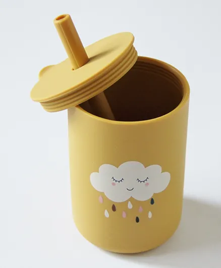 Amini Cloud Printed Silicone Cup With Straw - Yellow