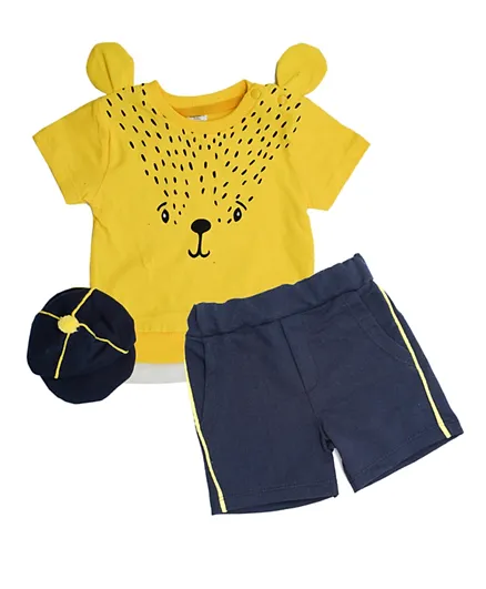 Donino Baby Printed Tee with Short Set and Hat - Yellow