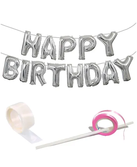 Party Propz Happy Birthday Silver Foil Balloons Banner with Glue dot Combo - Pack of 2