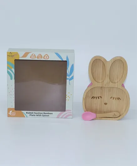 Mori Mori Rabbit Suction Bamboo Plate With Spoon - Pink