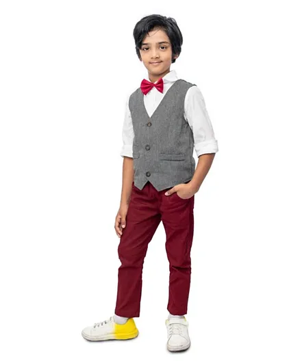 Babyqlo Shirt with Bow, Waistcoat & Suspenders with Pants Set - Multicolor