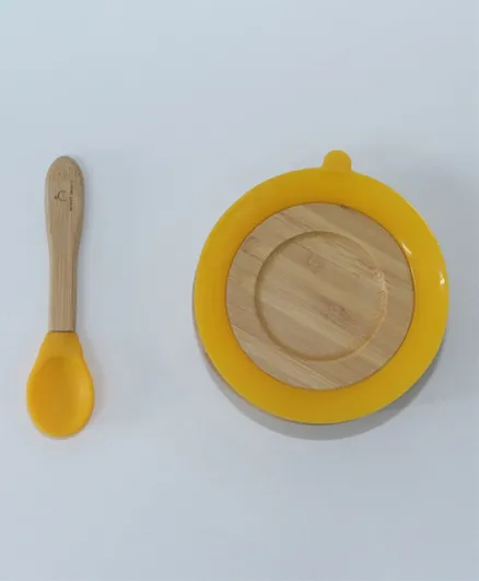 Mori Mori Round Suction Bamboo Bowl with Spoon – Yellow
