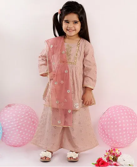 Little Bansi Full Sleeves Schiffli Kurta With Palazzo & Dupatta Set - Brown