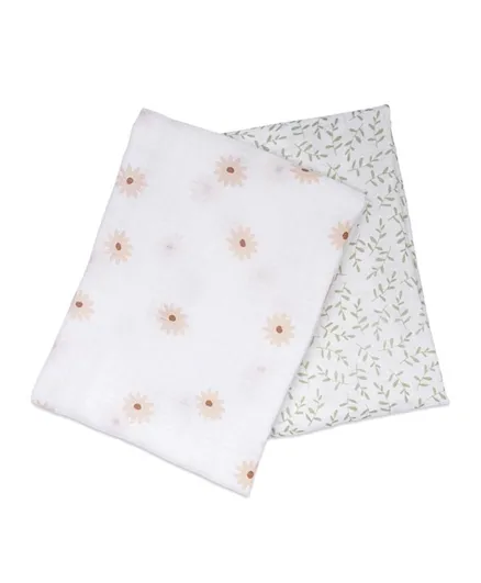 Lulujo Baby Cotton Blankets Daisy & Greenery - Pack of 2