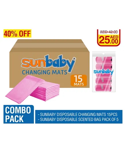 Sunbaby Pack of Disposable Changing Mats 15 Pieces + 1 Scented Bag Pack of 5 - Pink