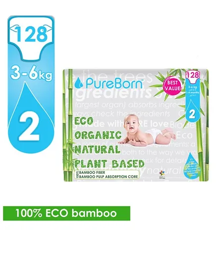 PureBorn Organic Bamboo Nappies  Pack of 2 Size 2 - 128 Pieces each