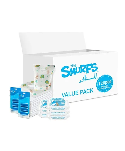 Smurfs Disposable Changing Mats Bibs Water Wipes Pixie Nappy Bag - Value Pack