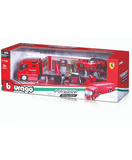 Bburago Ferrari Race & Play Racing Hauler Die-Cast 1:43 - Red, Detailed Model with Openable Parts, Perfect Gift for Kids 3 Years+