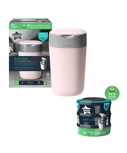 Tommee Tippee Twist & Click Nappy Disposal Sangenic Bin (With 1 Preloaded Cassette) + 3 Extra Cassettes - Pink