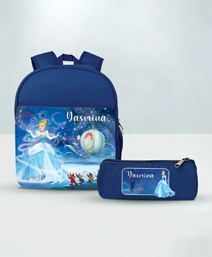 حقيبة ظهر مزينة بشخصية أميرة ديزني سندريلا مع مقلمة من اسمك - أزرق