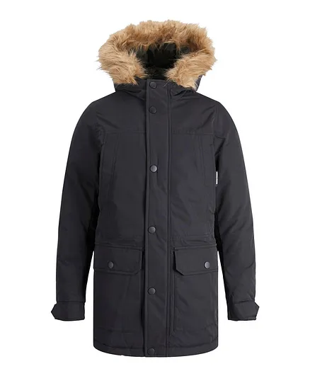 Jack & Jones Junior Hooded Fur Jacket - Black