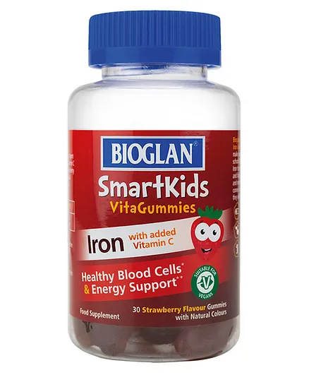 Bioglan SmartKids Iron   Vitamin C Gummies, Strawberry Flavor, Energy  Immune Support, 30 Pieces for Ages 3