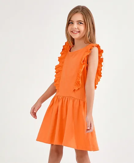 فستان مينوتي بتطريز وكشكشة على الخصر - برتقالي