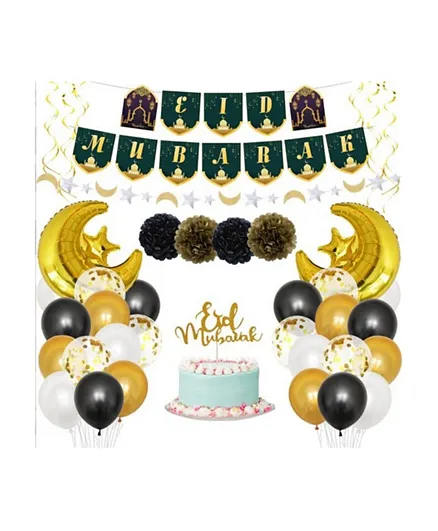 Party Propz Eid Mubarak Banner With Eid Mubarak Balloons Gold & Black - 39 Pieces