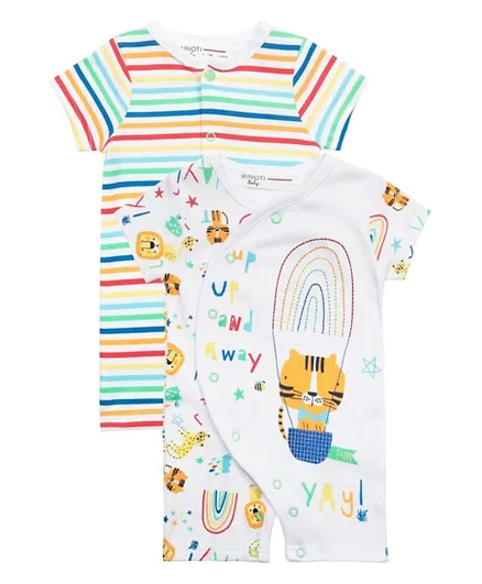 Minoti 2-Pack Cotton Cat Family Printed & Striped Short Rompers - Multi Color