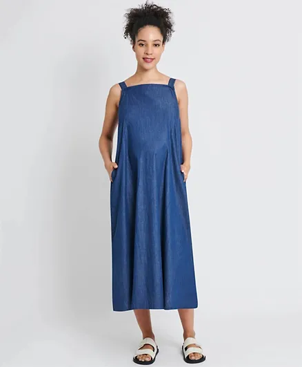 جوجو مامان بيبي - فستان بقماش الشامبراي بفتحة مربعة للحوامل ولفترة الرضاعة - أزرق