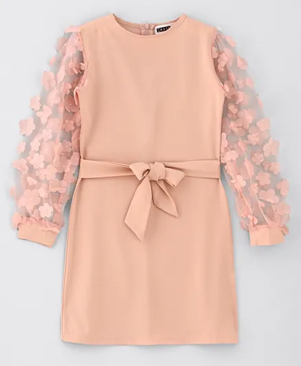 Hashqlo Flower Embellished Full Sleeve Short Dress - Peach