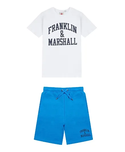 Franklin & Marshall Vintage Arch Logo T-Shirt and Shorts Set - White & Blue