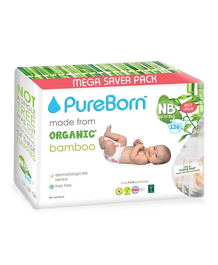 PureBorn Pineapple Nappies For Newborns - 136 Pieces