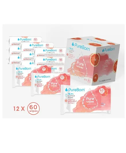 PureBorn Pure Wipes Grapefruit Bundle Pack of 12 -  Total 720 Wipes