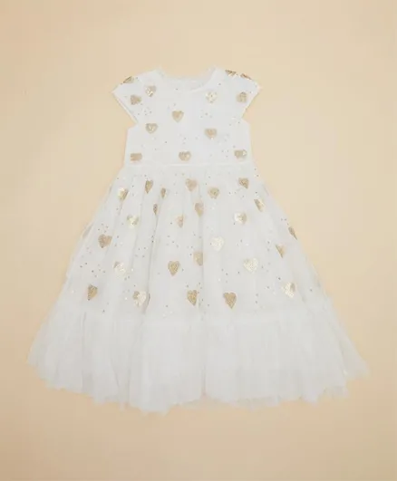 R&B Kids Heart Shapes Sequinned Mesh Dress - White