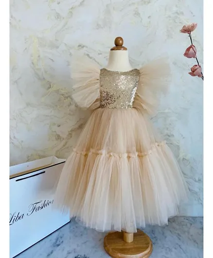 Liba Fashion Huda  Flutter Sleeves Fluffy Sequined Party Dress - Beige