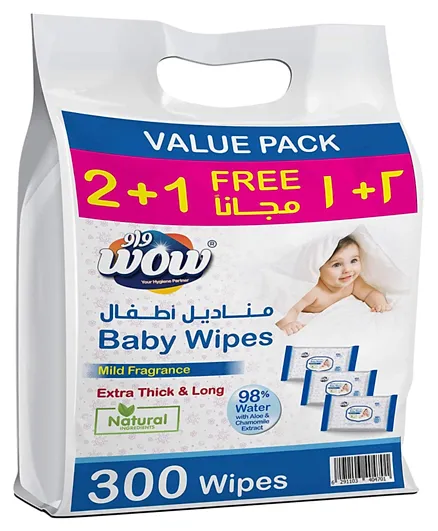 WOW Baby Wet Wipes Extra Thick Mild Scented 2 + 1 Pack - 100 Wipes Each