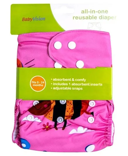 Baby Vision All-In-One Reusable Diaper with One Insert Red Bug Design - Pink