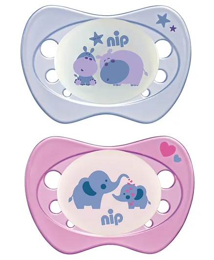 Nip Newborn Silicone Night Soothers Elephant & Hippo Blue & Pink - Pack of 2
