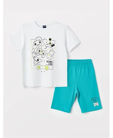 LC Waikiki Console Graphic Crew Neck T-shirts & Shorts Set - White & Blue
