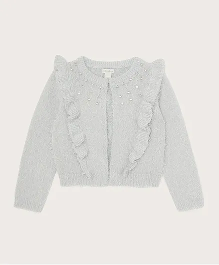 Monsoon Children Jewelled Ruffle Front Fluffy Bolero Cardigan - Grey