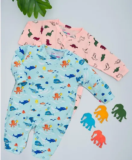 Babyqlo 2 Pack Sea & Dino Printed Pure Cotton Rompers - Blue & Pink