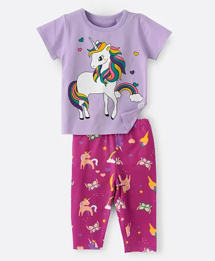Babyqlo Unicorn with Rainbow Graphic Pyjama Set - Purple