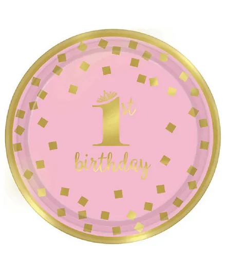Party Centre 1st Birthday Pink & Gold Round Metallic Paper Plates - Pack of 8