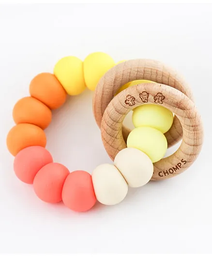 Desert Chomps Ringlet Classic Silicone & Wooden Rattle Teether - Sunset