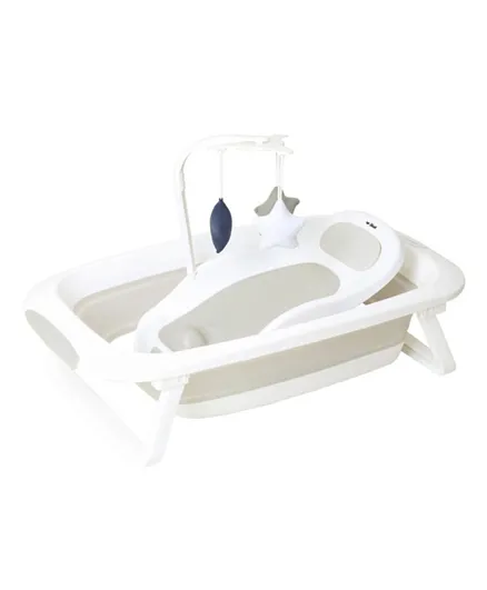 Jikel Cloud Foldable Bathtub with Temperature Reader and Scrub Bath Booster Chair, Adjustable, Detachable Toy Bar - Newborn White & Beige