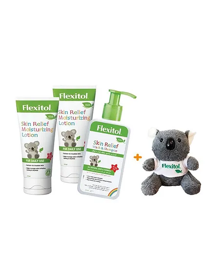 FLEXITOL Kids Skin Relief Bundle: Moisturizing Lotion & Wash Shampoo with Koala Toy, 0-12yrs, Itch & Irritation Soothing