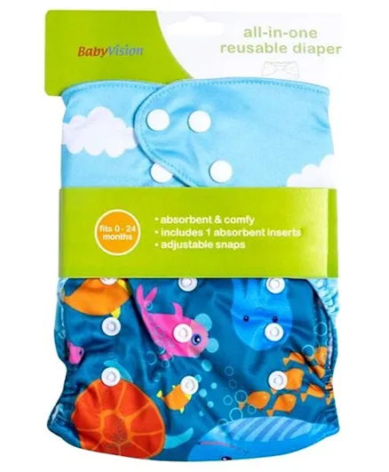 Baby Vision All-In-One Reusable Diaper with One Insert Sea Animal Design - Multicolour