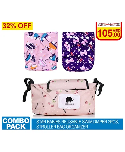 Star Babies Combo Swim Diaper Pack of 2 + 1 Stroller Diaper Bag- Multicolor